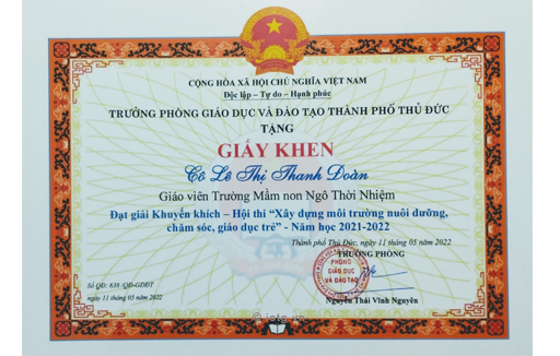 Cô Lê Thị Thanh Đoàn đạt giải khuyến khích - Hội thi Xây dựng môi trường nuôi dưỡng, chăm sóc, giáo dục trẻ năm học 2021 - 