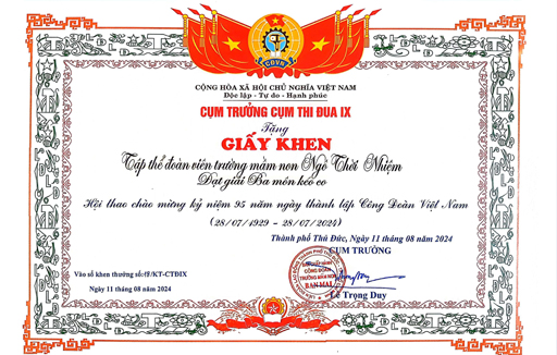 Giấy khen đạt giải ba môn kéo co hội thao chào mừng kỷ niệm 95 năm ngày thành lập Công Đoàn Việt Nam