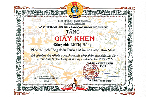 Giấy khen Đồng chí Lê Thị Hồng đã có thành tích nổi bật trong phong trào công nhân, viên chức, lao động và xây dựng tổ chức Công đoàn vững mạnh năm họ